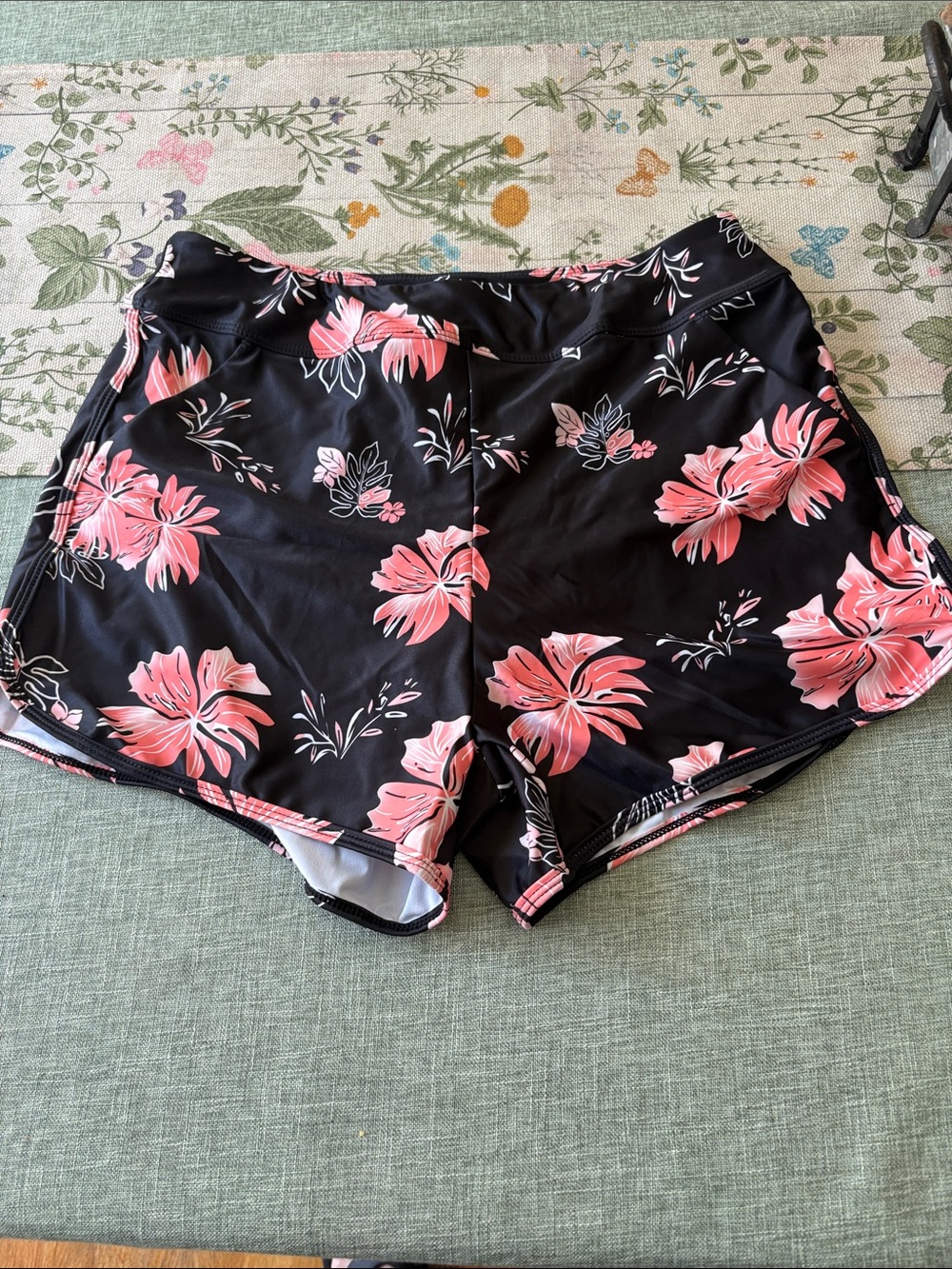 Women's Black Floral Swim Shorts - Pink Hibiscus Print